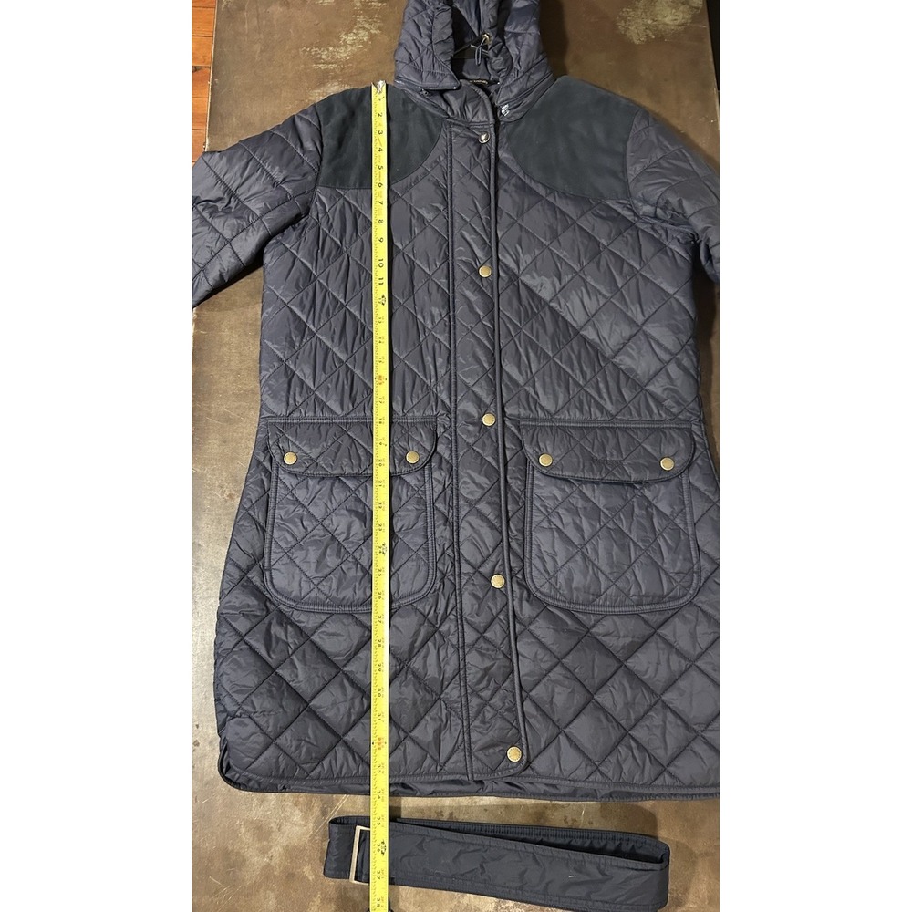 Barbour Greenfinch Midi Jacket Womens Sz 12 Navy Blue Hooded Shoulder Patches - Picture 9 of 14